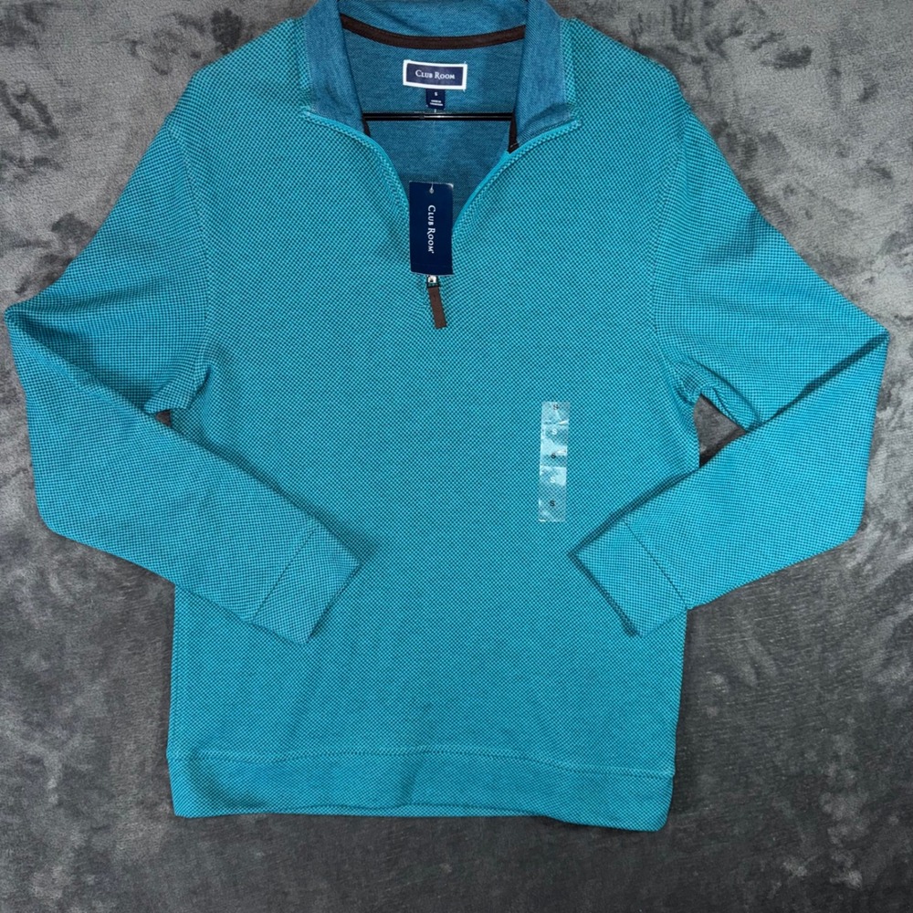 Mens Small Club Room Quarter Zip Pullover Teal NWT Waffle Knit Mock Neck